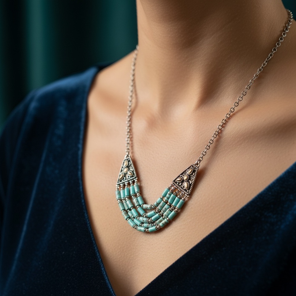 Vintage Turquoise Silver Adjustable Necklace Gemstone Embossed - Picture 2 of 12